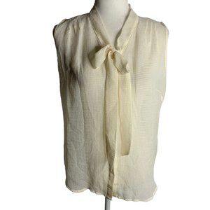 Apostrophe Sheer Button Up Shirt M Cream Neck Tie Sleeveless Pleated Shoulders